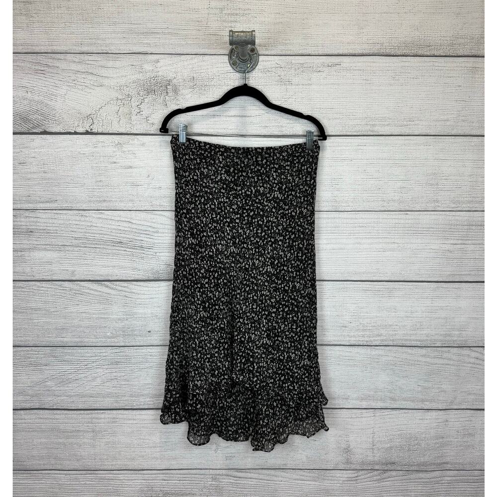 Lauren Ralph Lauren Women's Black & Cream Floral Silk Midi Skirt Size 6 Petite